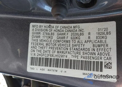 2020 Honda Civic Sport z USA, uszkodzony, nr VIN 2HGFC2F8XLH529614